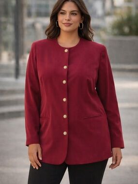 Vintage 90’s Liz Red Silk Blazer Side Slits Gold Buttons Boxy Shoulder Pad Power